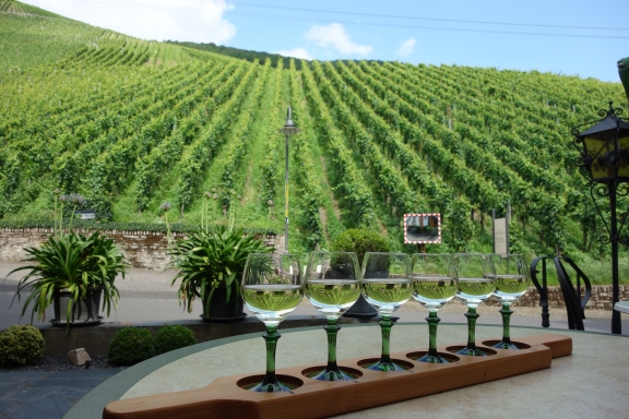 Weinprobierbrett mit Blick in die Graacher Weinberge